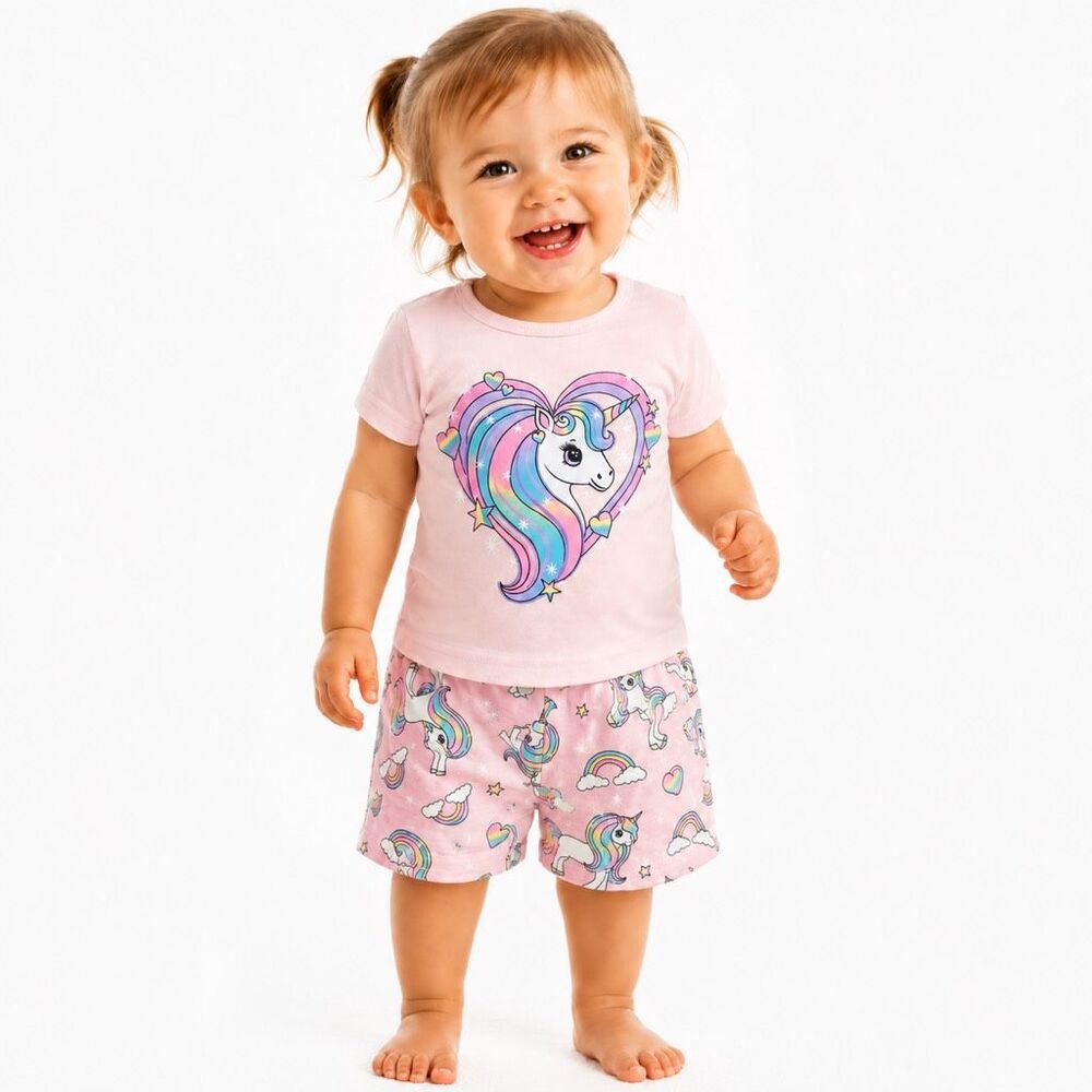 PJ Place Girls 12-18M Pink Unicorn Rainbow Pajama Set 100% Cotton
